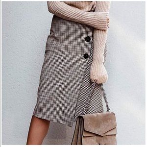 Zara Brown Houndstooth Wrap Button Front Skirt